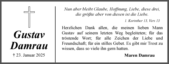 Traueranzeige von Gustav Damrau von Husumer Nachrichten, Nordfriesland Tageblatt