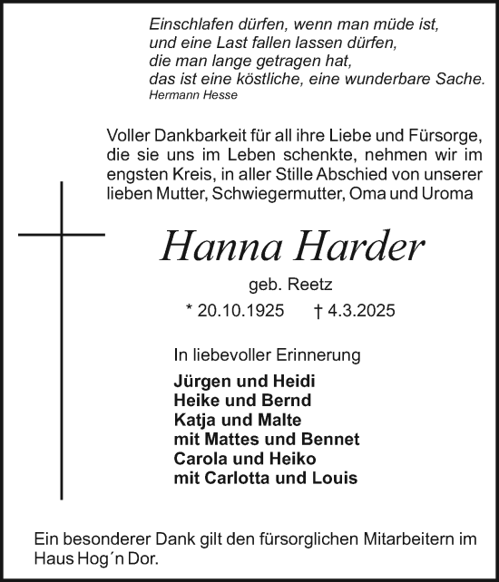 Traueranzeige von Hanna Harder von Holsteinischer Courier