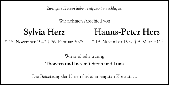Traueranzeige von Hanns-Peter Herz von Heimatspiegel