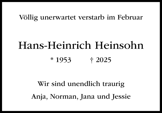 Traueranzeige von Hans-Heinrich Heinsohn von Wedel-Schulauer Tageblatt, tip Wedel-Schulauer Tageblatt, tip Rissener Rundschau