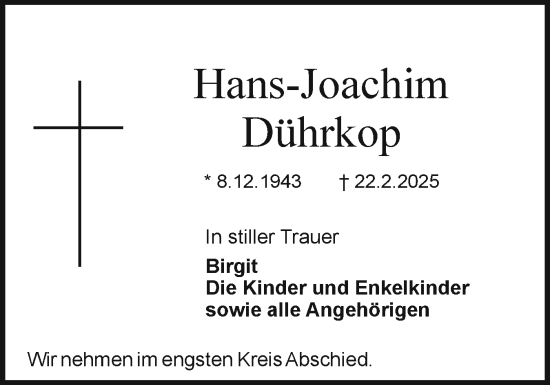 Traueranzeige von Hans-Joachim Dührkop von Holsteinischer Courier