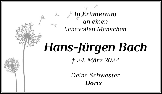 Traueranzeige von Hans-Jürgen Bach von Uetersener Nachrichten, Der tip am Wochenende
