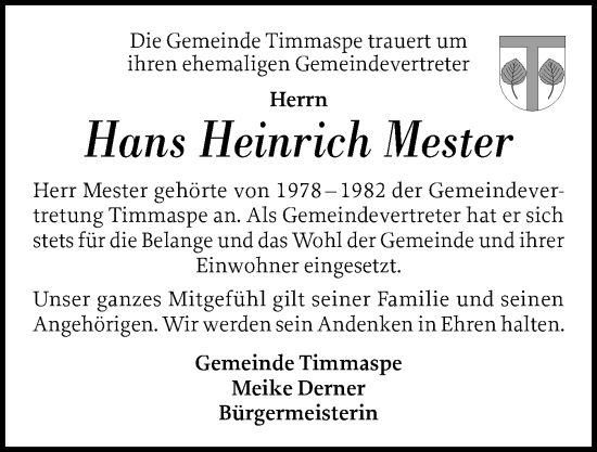 Traueranzeige von Hans Heinrich Mester von Schleswig-Holsteinische Landeszeitung