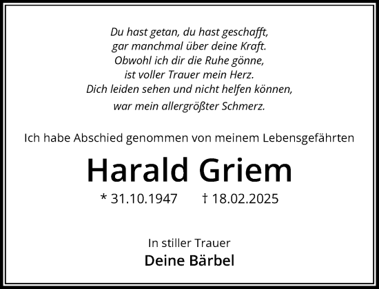 Traueranzeige von Harald Griem von MARKT Bad Oldesloe/Reinfeld und Stormarner Tageblatt