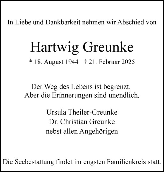 Traueranzeige von Hartwig Greunke von Husumer Nachrichten, Nordfriesland Tageblatt