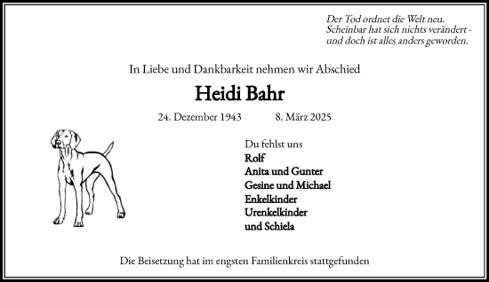 Traueranzeige von Heidi Bahr von MARKT Glinde/Reinbek