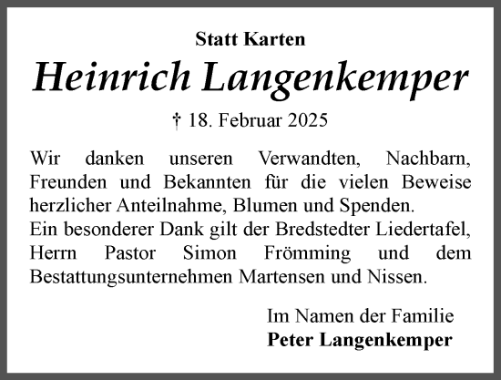 Traueranzeige von Heinrich Langenkemper von Husumer Nachrichten, Nordfriesland Tageblatt