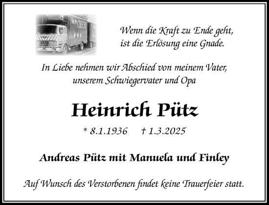 Traueranzeige von Heinrich Pütz von MARKT Ratzeburg/Mölln