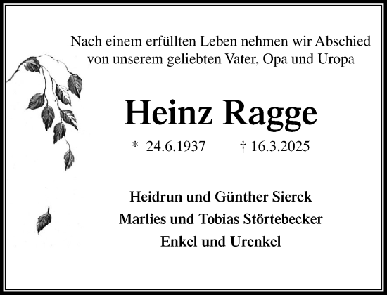 Traueranzeige von Heinz Ragge von MARKT Ratzeburg/Mölln