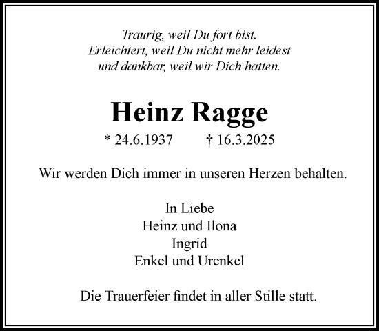 Traueranzeige von Heinz Ragge von MARKT Ratzeburg/Mölln