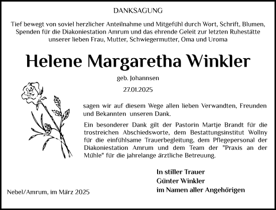 Traueranzeige von Helene Margaretha Winkler von Der Insel-Bote
