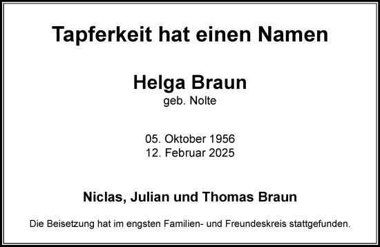 Traueranzeige von Helga Braun von MARKT Ahrensburg/Bargteheide/Trittau und Stormarner Tageblatt