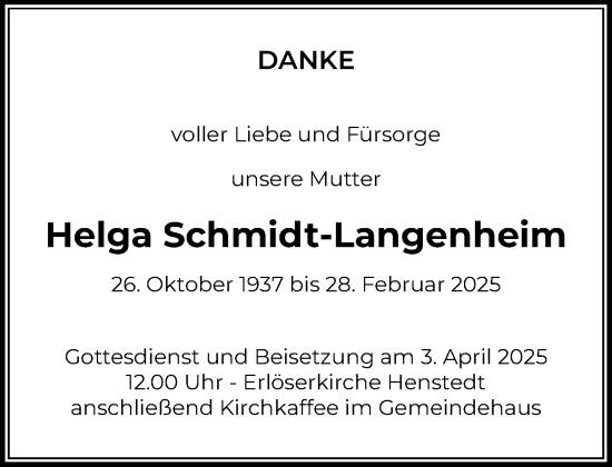 Traueranzeige von Helga Schmidt-Langenheim von Umschau