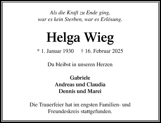 Traueranzeige von Helga Wieg von MARKT Glinde/Reinbek