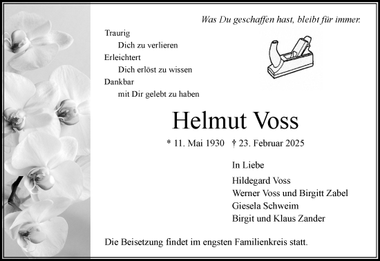 Traueranzeige von Helmut Voss von MARKT Bad Oldesloe/Reinfeld, MARKT Ahrensburg/Bargteheide/Trittau und Stormarner Tageblatt