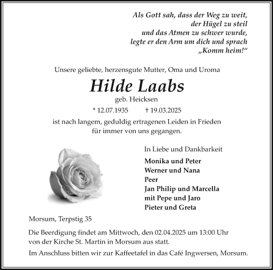 Traueranzeige von Hilde Laabs von Sylter Rundschau