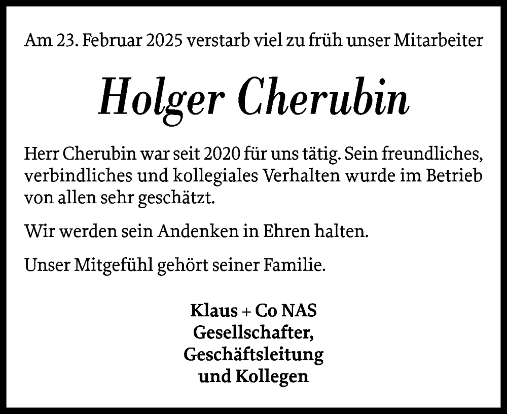  Traueranzeige für Holger Cherubin vom 15.03.2025 aus Flensburger Tageblatt