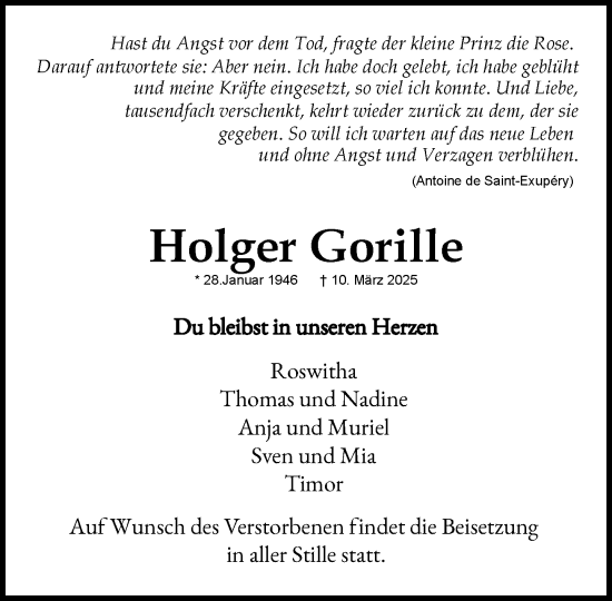 Traueranzeige von Holger Gorille von Heimatspiegel