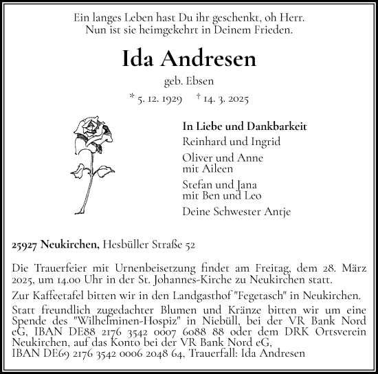 Traueranzeige von Ida Andresen von Husumer Nachrichten, Nordfriesland Tageblatt