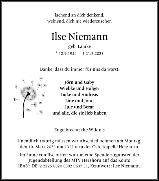 Traueranzeige von Ilse Niemann von Norddeutsche Rundschau, Wilstersche Zeitung, Glückstädter Fortuna