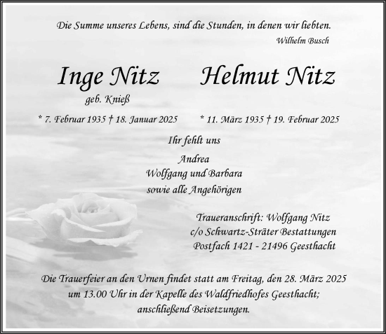 Traueranzeige von Inge Nitz von Wochenend Anzeiger