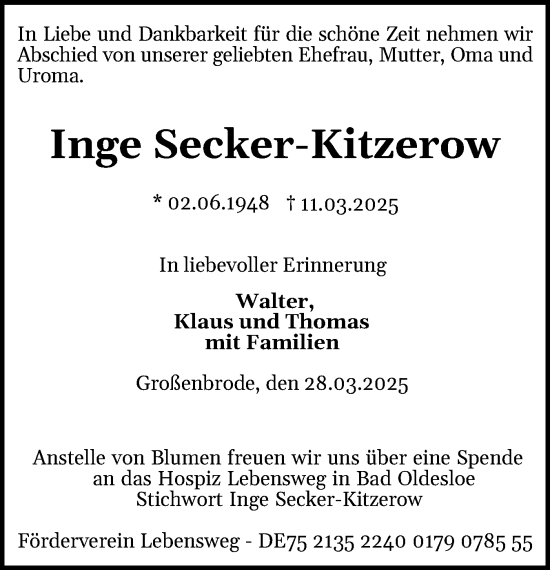 Traueranzeige von Inge Secker-Kitzerow von Elmshorner Nachrichten, Barmstedter Zeitung