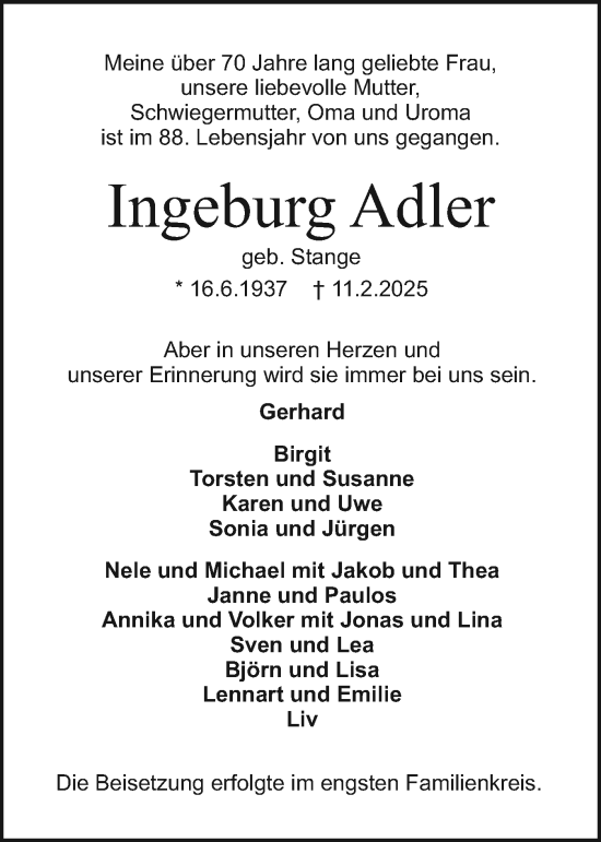 Traueranzeige von Ingeburg Adler von Holsteinischer Courier