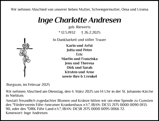Traueranzeige von Inge Charlotte Andresen von Der Insel-Bote