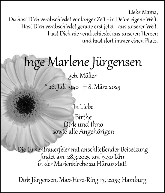 Traueranzeige von Inge Marlene Jürgensen von Flensburger Tageblatt