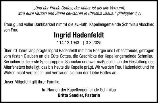 Traueranzeige von Ingrid Hadenfeldt von MARKT Ratzeburg/Mölln