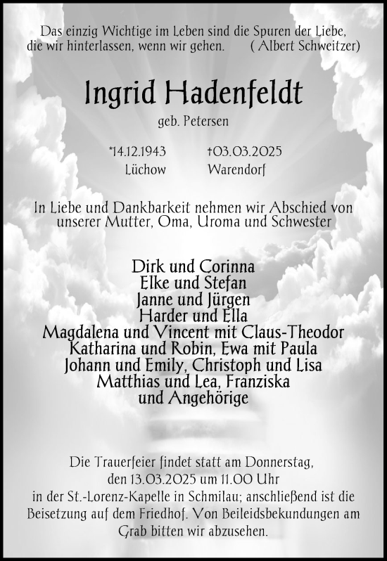 Traueranzeige von Ingrid Hadenfeldt von MARKT Ratzeburg/Mölln