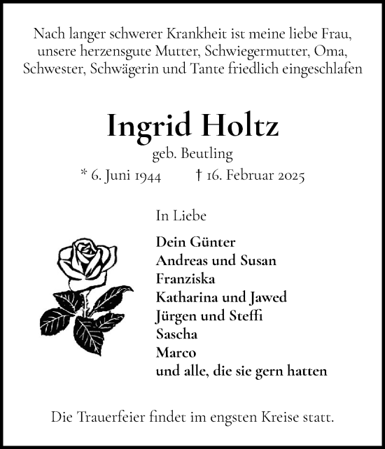 Traueranzeige von Ingrid Holtz von Elmshorner Nachrichten, Barmstedter Zeitung