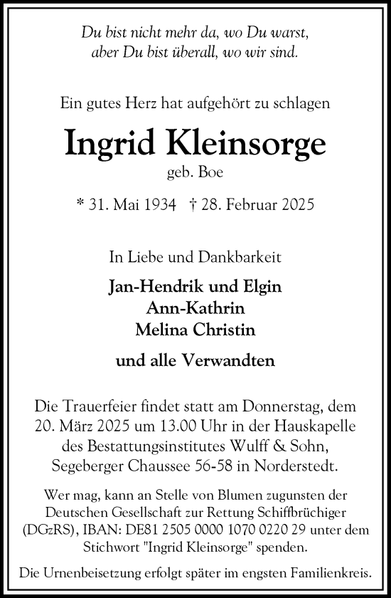Traueranzeige von Ingrid Kleinsorge von Heimatspiegel