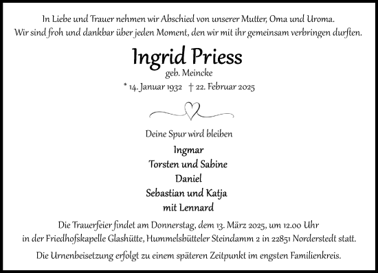 Traueranzeige von Ingrid Priess von Heimatspiegel