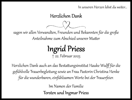 Traueranzeige von Ingrid Priess von Heimatspiegel