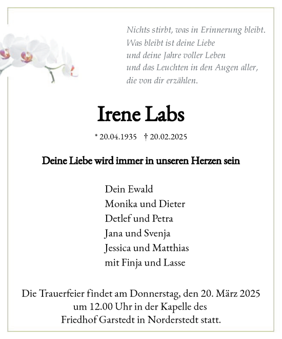 Traueranzeige von Irene Labs von Heimatspiegel