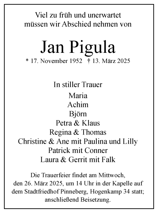 Traueranzeige von Jan Pigula von Region Pinneberg und tip Pinneberg