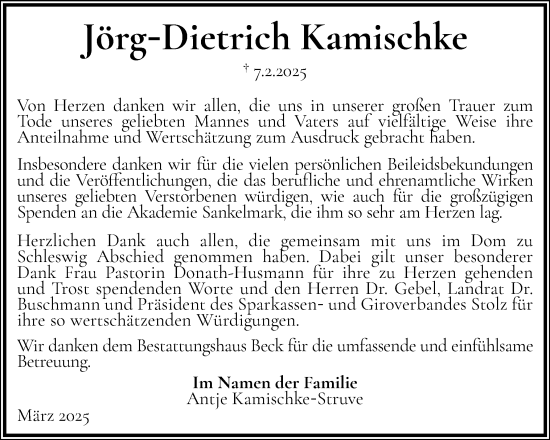 Traueranzeige von Jörg-Dietrich Kamischke von Schleswiger Nachrichten, Schlei-Bote