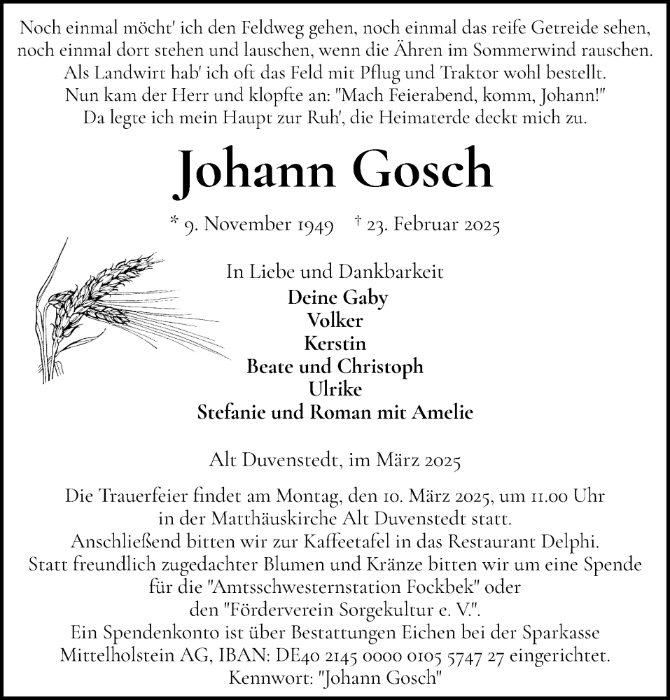  Traueranzeige für Johann Gosch vom 01.03.2025 aus Schleswig-Holsteinische Landeszeitung