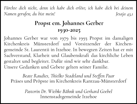 Traueranzeige von Johannes Gerber von Norddeutsche Rundschau, Wilstersche Zeitung, Glückstädter Fortuna