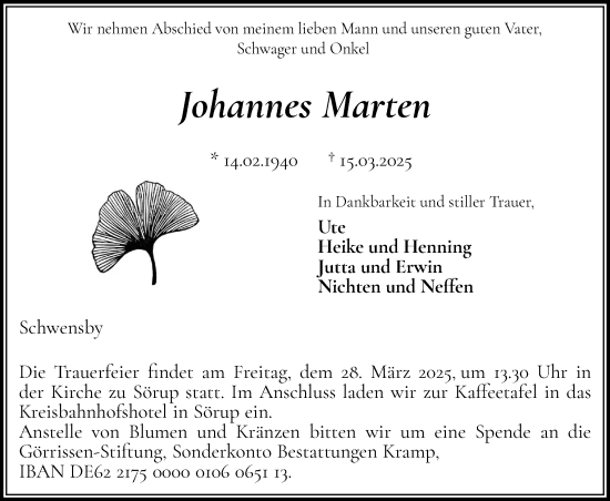 Traueranzeige von Johannes Marten von Flensburger Tageblatt