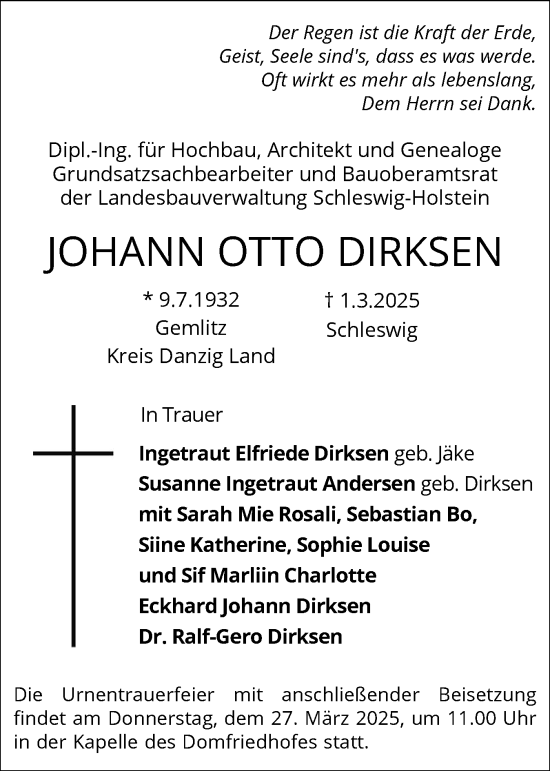 Traueranzeige von Johann Otto Dirksen von Schleswiger Nachrichten, Schlei-Bote
