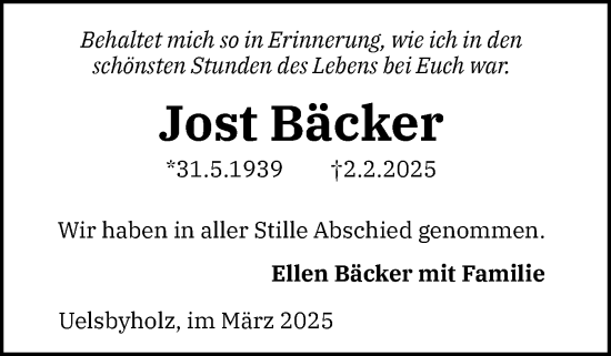 Traueranzeige von Jost Bäcker von Schleswiger Nachrichten, Schlei-Bote