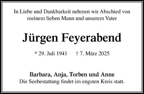 Traueranzeige von Jürgen Feyerabend von MARKT Ahrensburg/Bargteheide/Trittau und Stormarner Tageblatt
