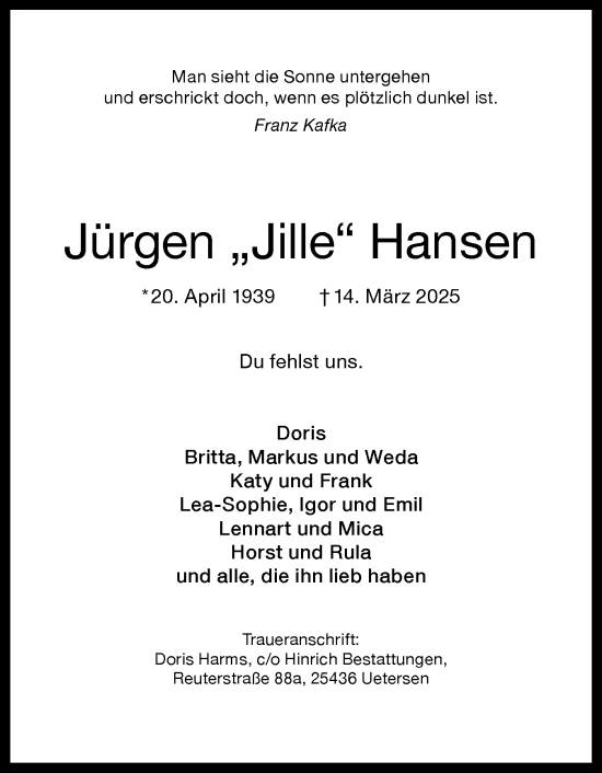 Traueranzeige von Jürgen Hansen von Uetersener Nachrichten, Der tip am Wochenende