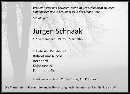 Traueranzeige von Jürgen Schnaak von MARKT Ratzeburg/Mölln
