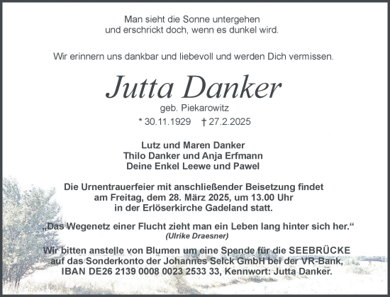 Traueranzeige von Jutta Danker von Holsteinischer Courier
