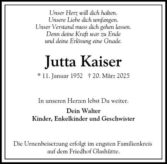 Traueranzeige von Jutta Kaiser von Heimatspiegel