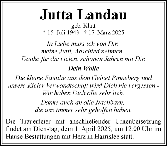 Traueranzeige von Jutta Landau von Flensburger Tageblatt