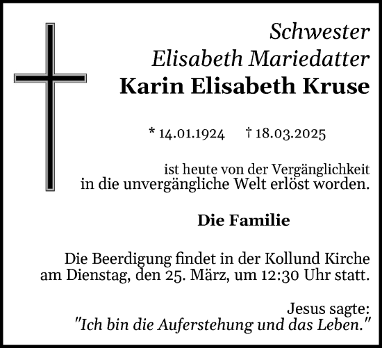 Traueranzeige von Karin Elisabeth Kruse von Flensburger Tageblatt